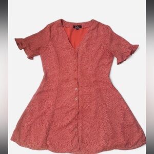 Lulu's Coral Button-Front V-Neck Short Sleeve Midi Dress